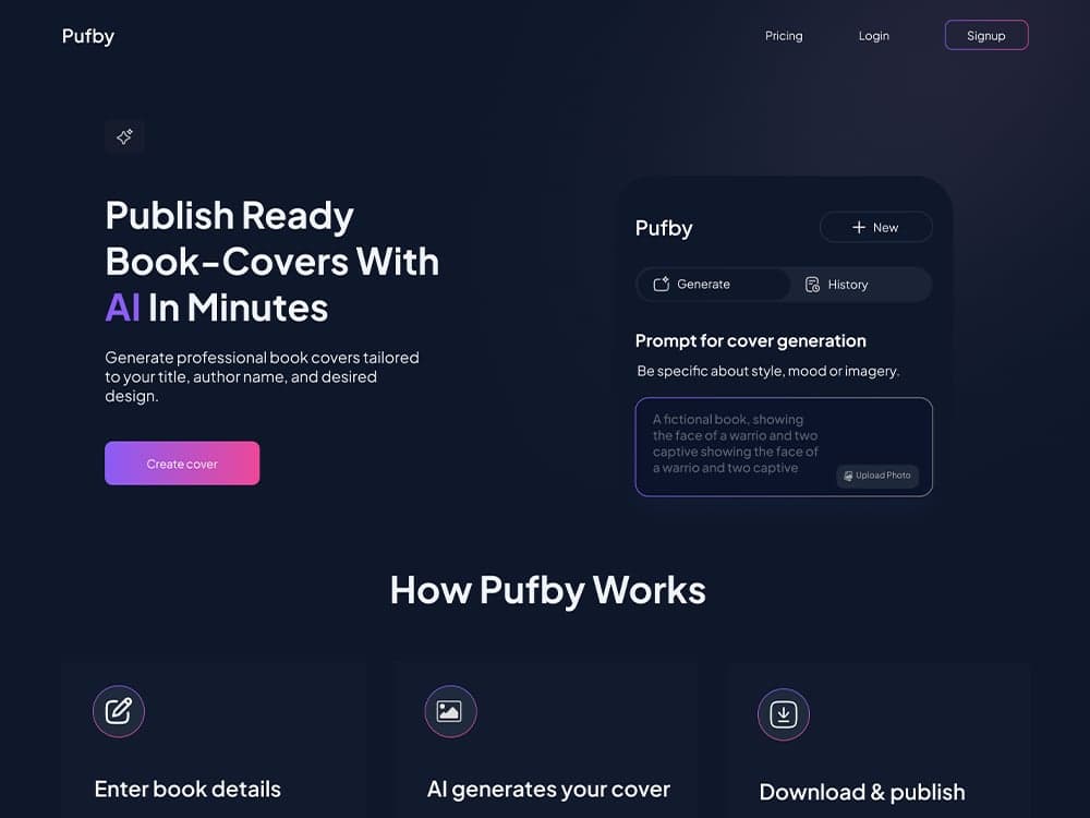 Pufby AI landing page hero and how it works