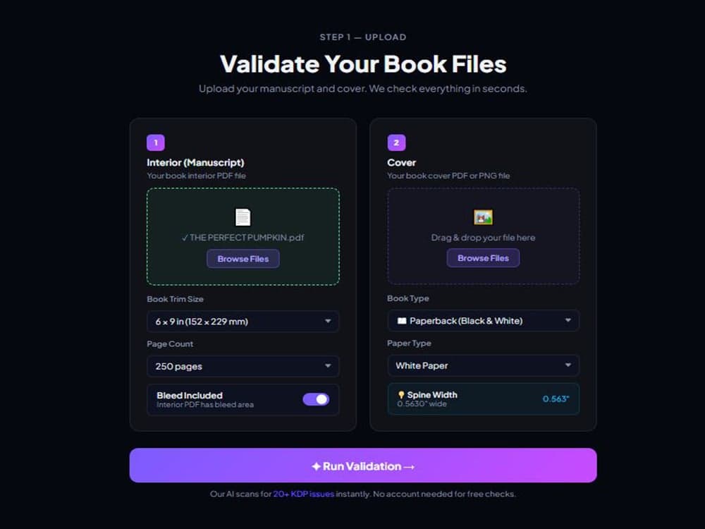 Pufby AI KDP validator tool, upload manuscript and cover