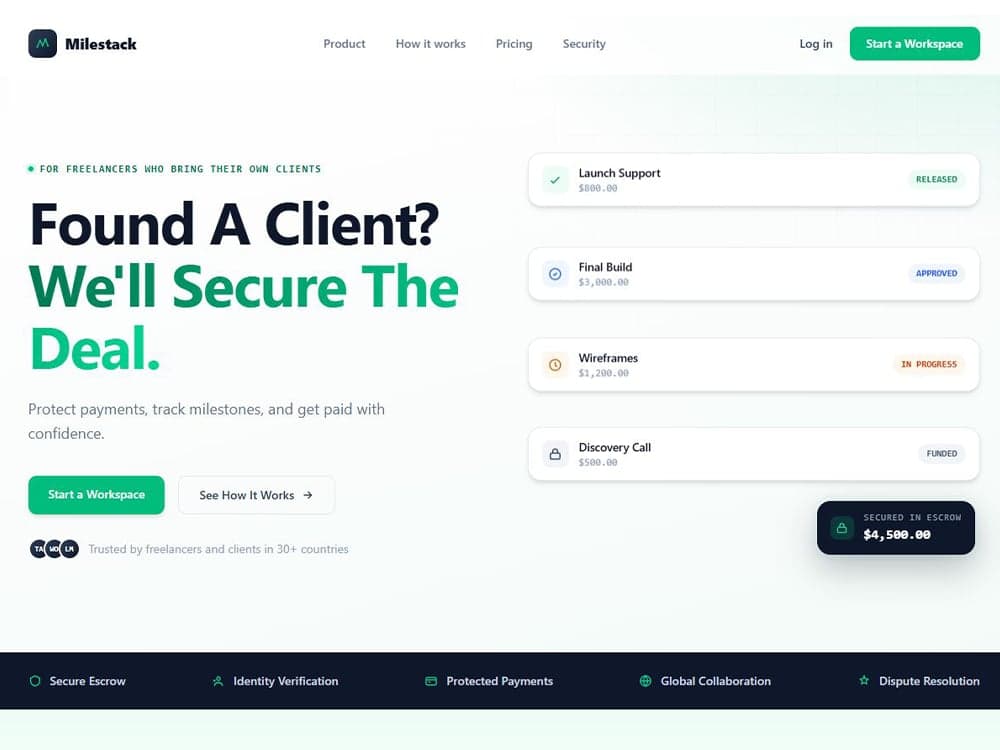 Milestack landing page hero, found a client we'll secure the deal