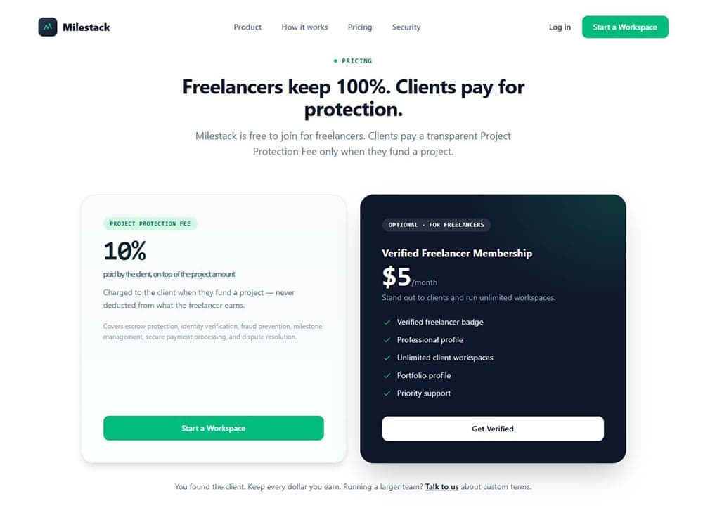 Milestack pricing, project protection fee and verified membership