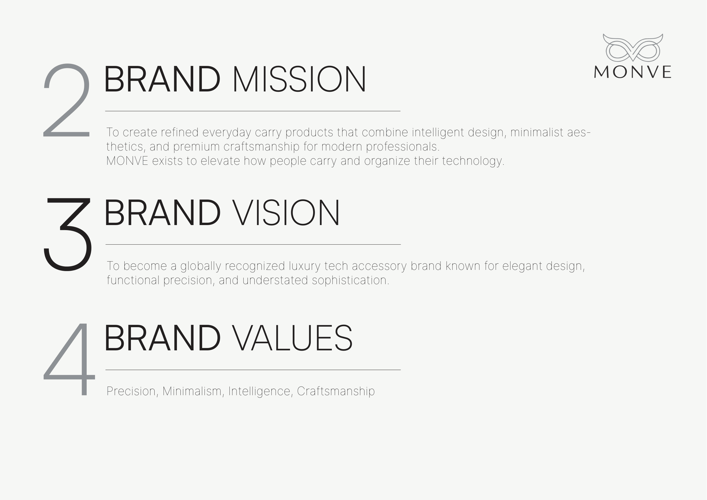 MONVE brand mission, vision, and values guideline page