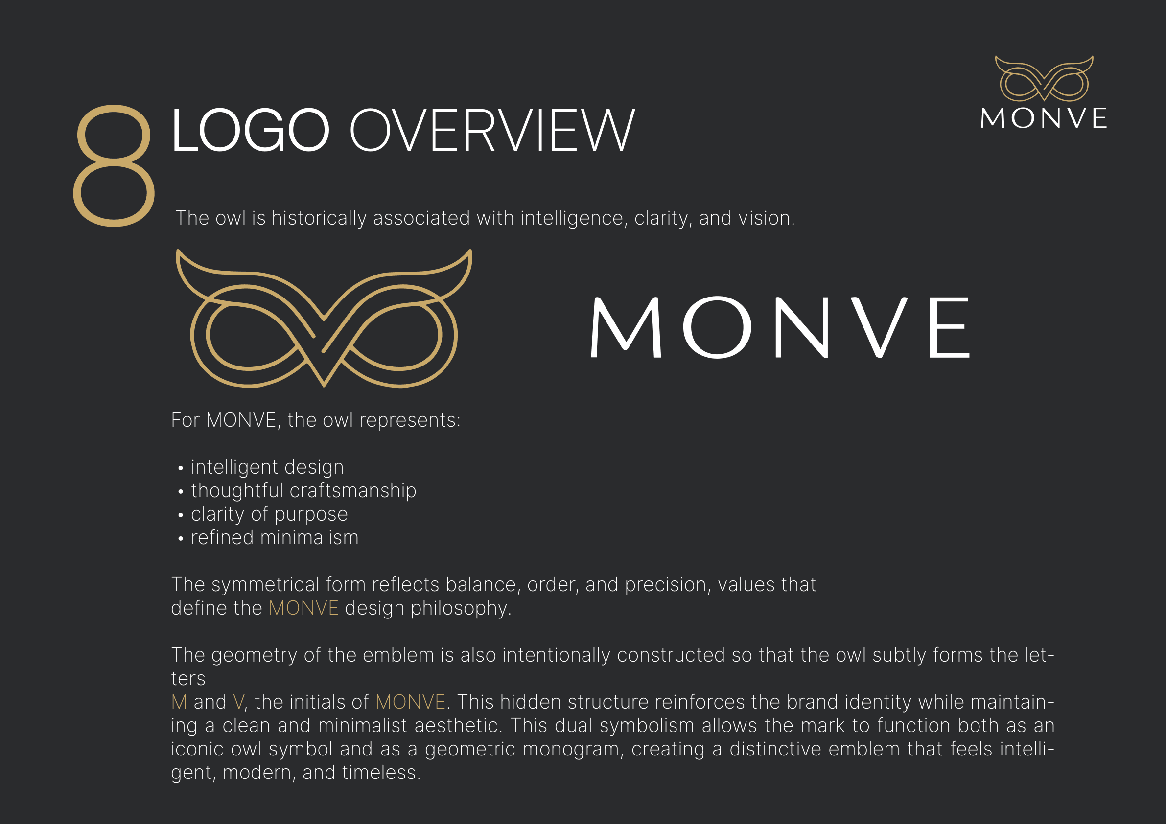 MONVE logo symbolism guideline page explaining the owl and hidden monogram