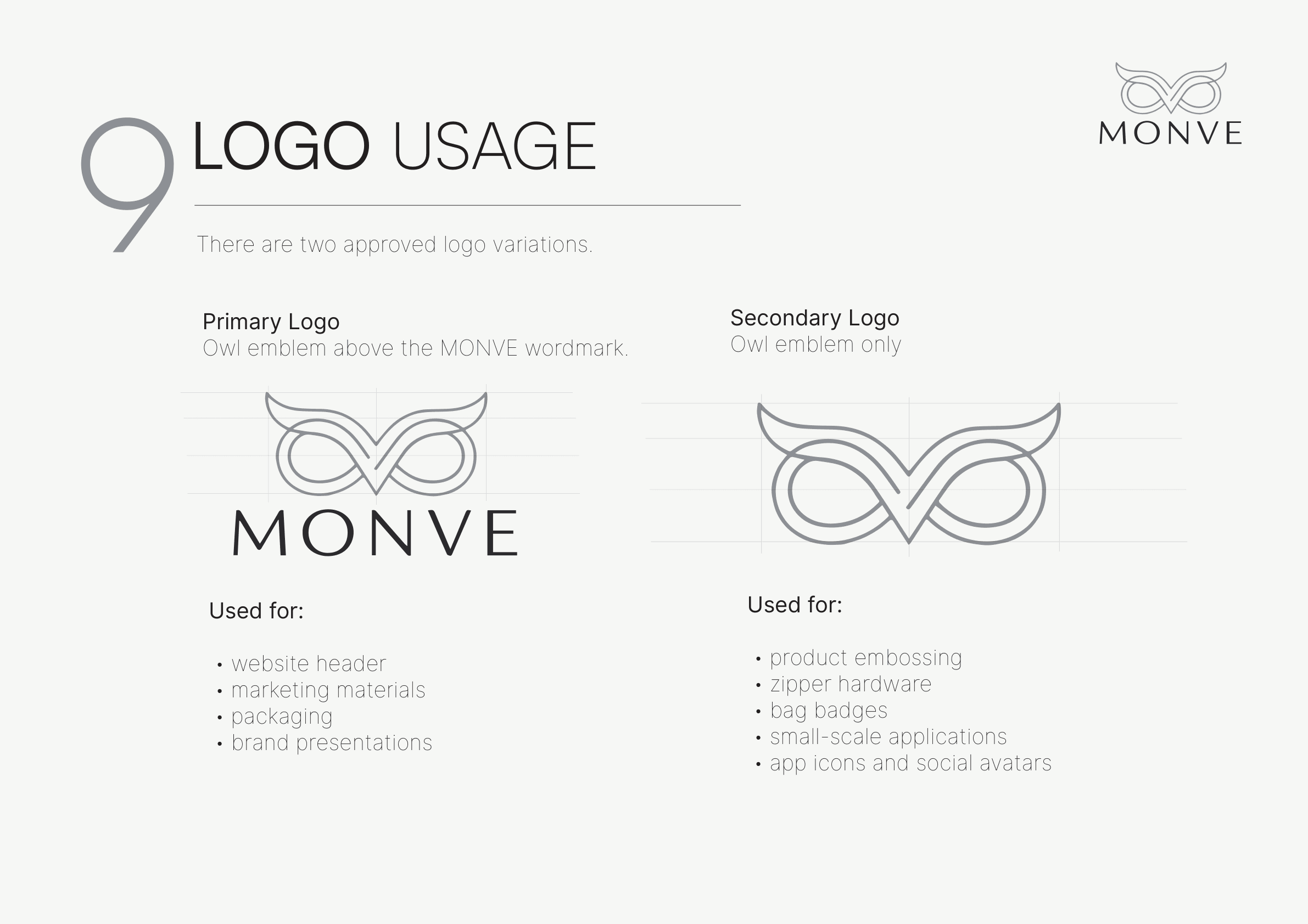 MONVE logo usage guideline page showing primary and secondary variations