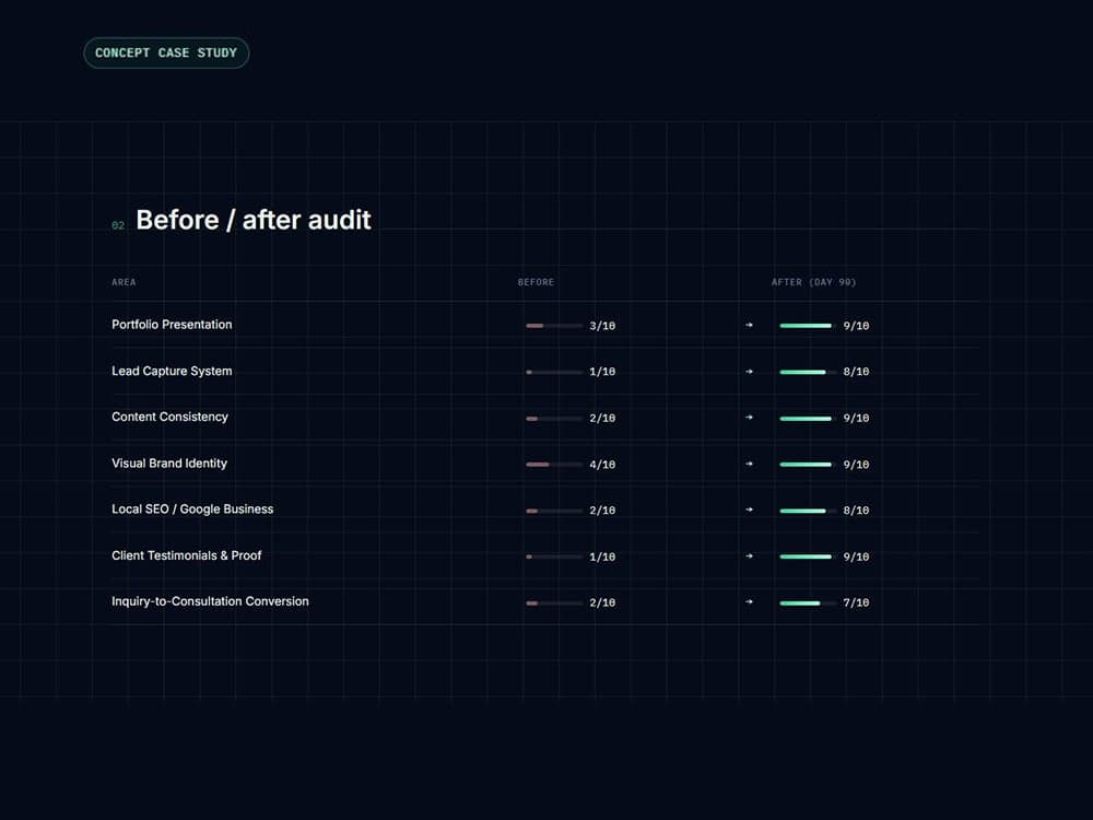 P-Studios before and after audit across portfolio, lead capture, SEO, and more